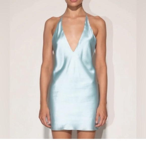 Mother of All Roxy Sleek Light Blue Satin Halter Dress size Large- Defects - Picture 1 of 8